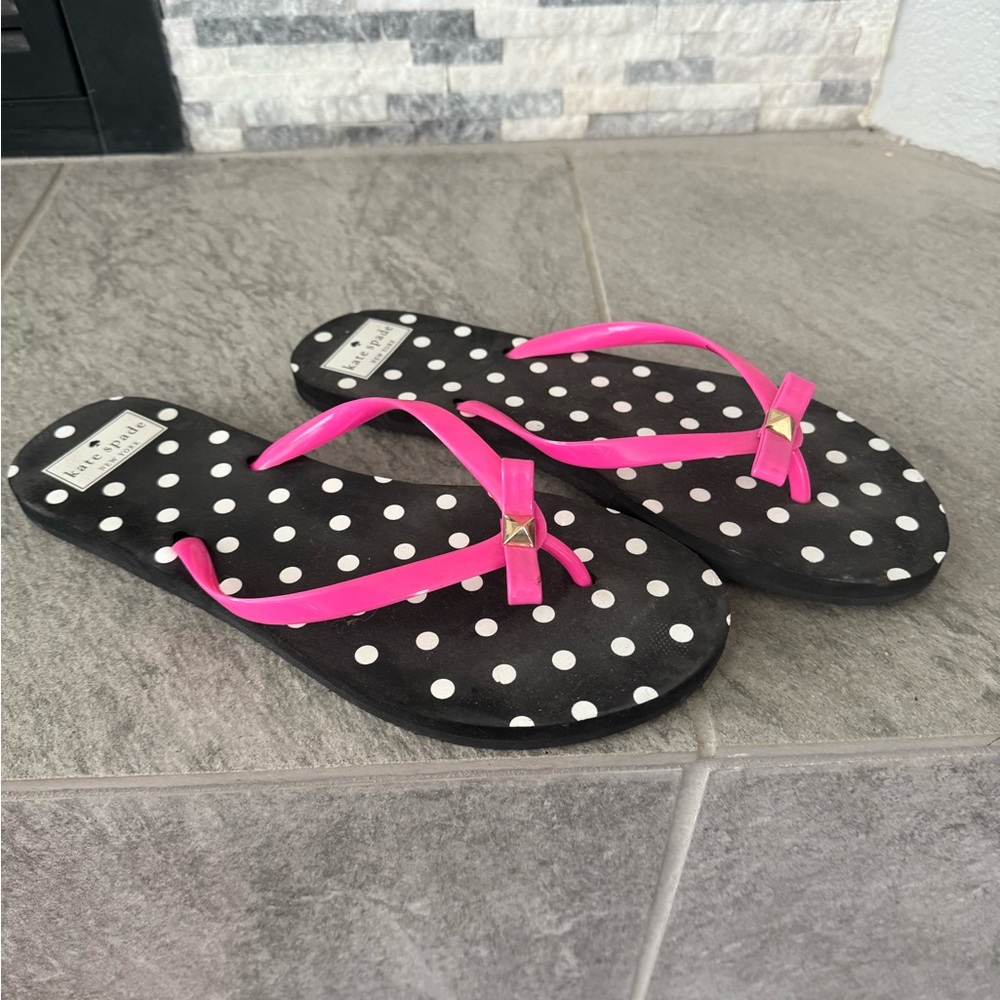 Kate Spade Black and White Polka Dot Flip Flops with Pink Straps